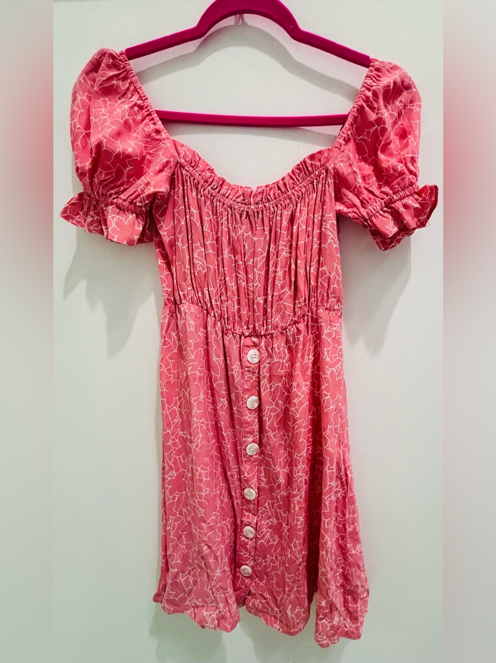 Faithfull the Brand Pink Floral Puff-Sleeve Button Dress